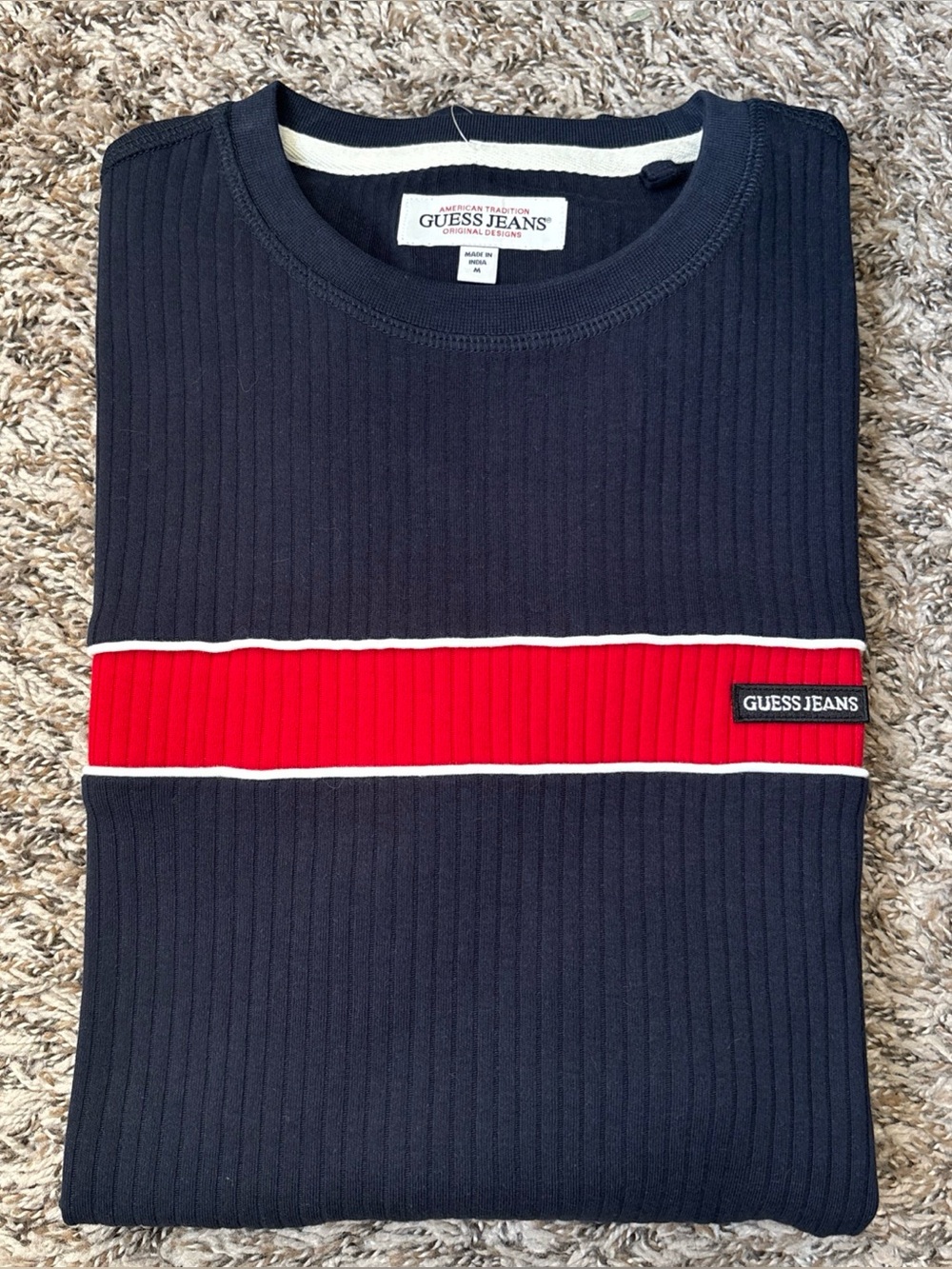 Guess Navy Crewneck Sweater with Red Stripe